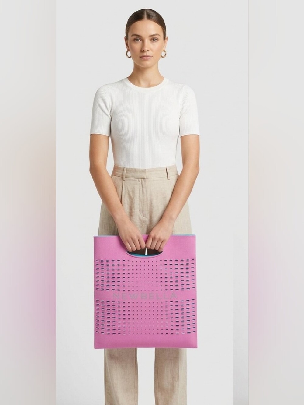 🍎 NewBella Colorblock Knit Laptop Tote Bag Pink & Cyan Blue Perforated Fabric